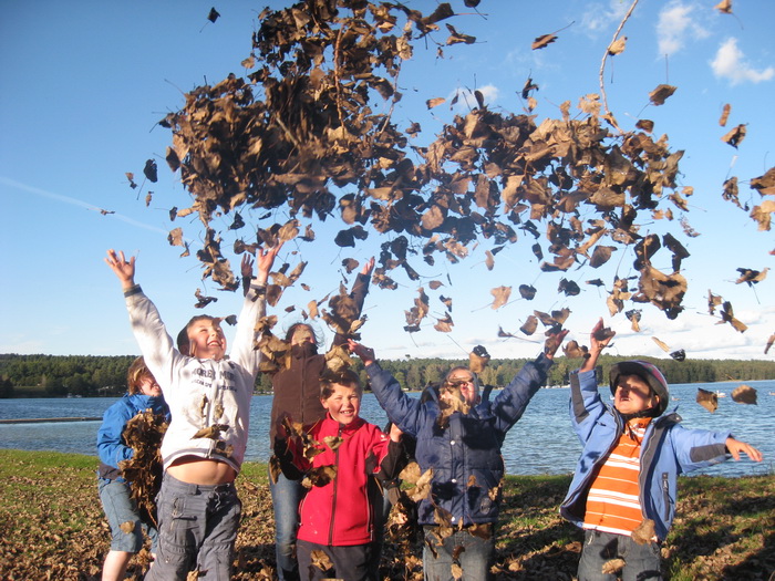 kinder werfen blaetter in die luft im herbst